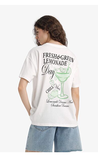 DeFacto Oversize Geniş Kalıp Bisiklet Yaka Baskılı Kısa Kollu Tişört F6395AX25SMWT32