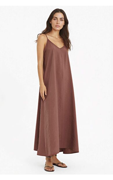 V Yaka Modal Kolsuz Midi Elbise