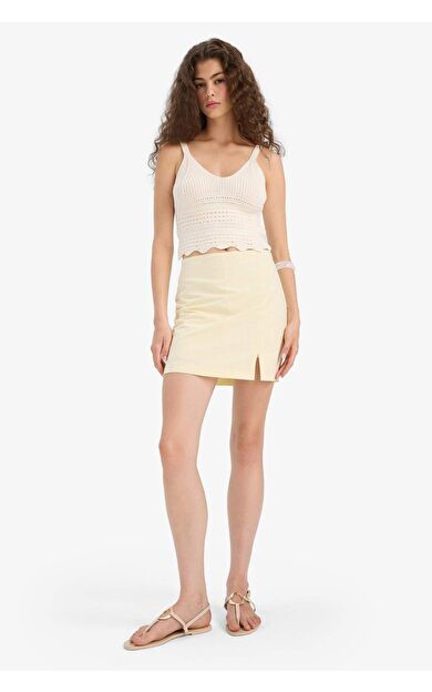 DeFacto Kalem Normal Bel Astarlı Keten Görünümlü Mini Etek