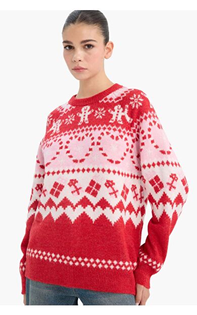 Yılbaşı Temalı Regular Fit Bisiklet Yaka Kazak