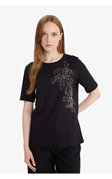 DeFacto Regular Fit Bisiklet Yaka Nakış Baskı Baskılı Penye Kısa Kollu Tişört