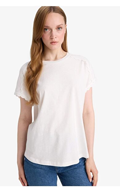 DeFacto Regular Fit Bisiklet Yaka Flamlı Pamuk Kısa Kollu Tişört