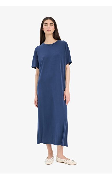 Bisiklet Yaka Modal Kısa Kollu Midi Elbise