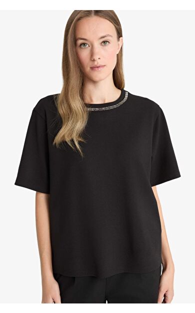 Regular Fit Bisiklet Yaka Nakış Baskı Baskılı Krep Kısa Kollu Tişört