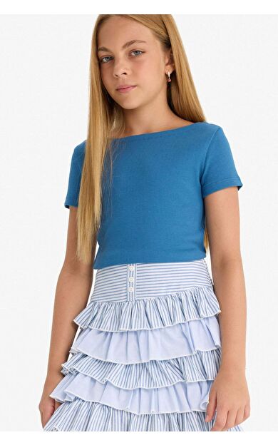 DeFacto Kız Çocuk Fitted Kayık Yaka Ribana Kısa Kollu Tişört