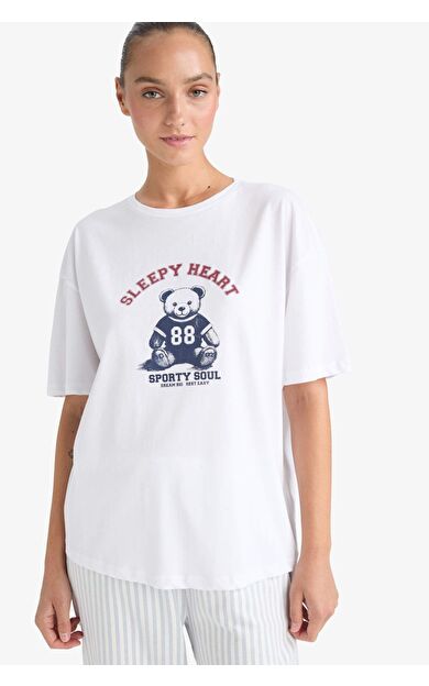 Regular Fit Bisiklet Yaka Baskılı Kısa Kollu Pijama Üstü-Fall in Love