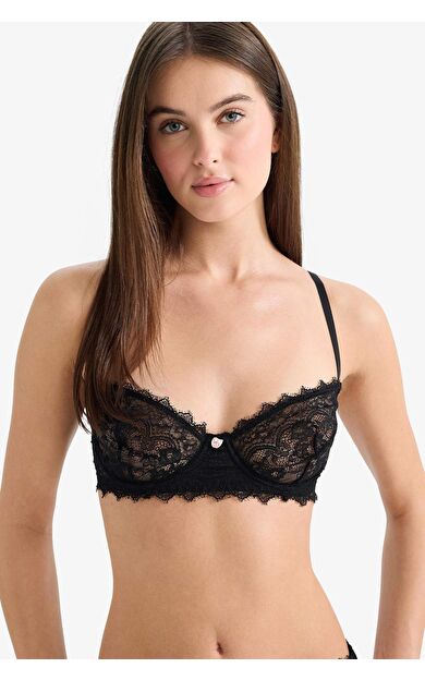DeFacto Bağcıklı Dantelli Kapsız Pedsiz Balenli Balkonet Sütyen Fall in Love F7024AX25WNBK81