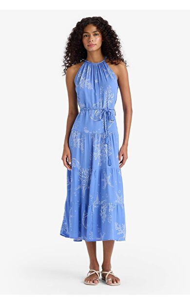 Halter YakaDesenli Bağcıklı  Krinkıl Viskon Kolsuz Midi Elbise