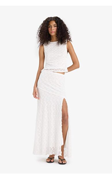 A Kesim Normal Bel Yırtmaçlı Dantel Midi Etek