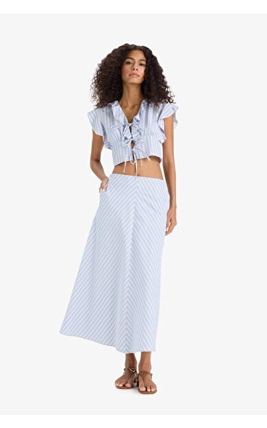 A Kesim Çizgili Normal Bel Poplin Maxi Etek