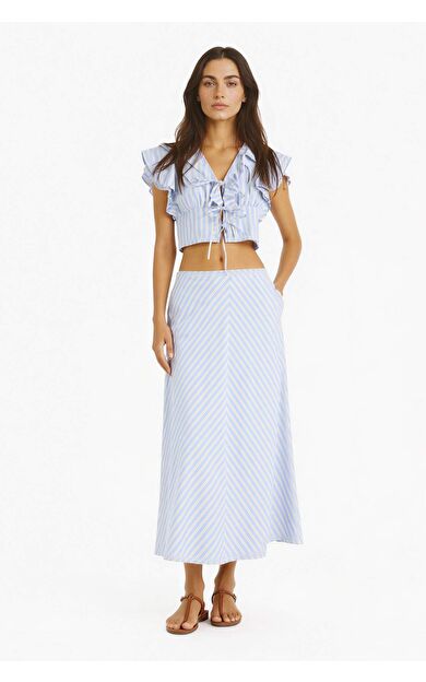 DeFacto A Kesim Çizgili Normal Bel Poplin Maxi Etek