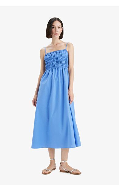 Kare Yaka Keten Görünümlü Gipeli Askılı Midi Elbise