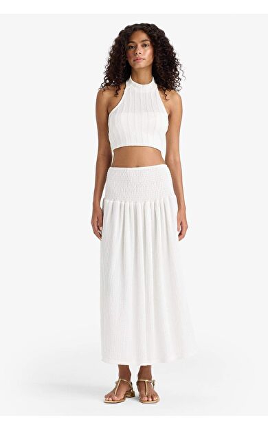 A Kesim Normal Bel Gipeli Bürümcük Beyaz Maxi Etek