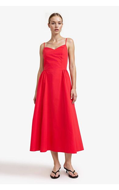 V Yaka Poplin Askılı Midi Elbise