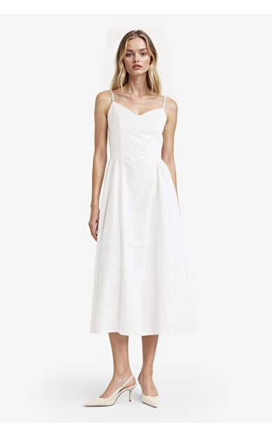 V Yaka Poplin Askılı Midi Elbise
