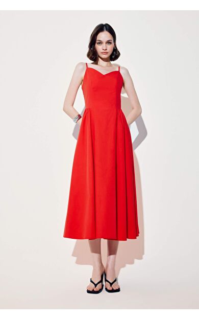 V Yaka Poplin Askılı Kırmızı Midi Elbise