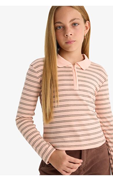 DeFacto Kız Çocuk Slim Fit Dar Kesim Polo Yaka Çizgili Ribana Uzun Kollu Polo Tişört
