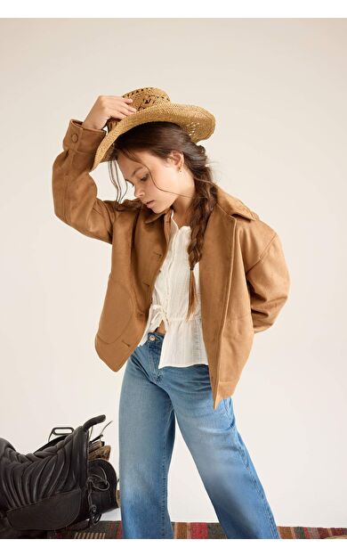 Kız Çocuk Ceket Yaka Düğmeli Süet Mont