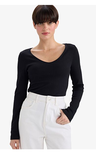 DeFacto Slim Fit Dar Kesim Basic Düz Modal Uzun Kollu Tişört F7153AX25AUBK81