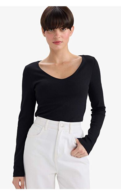 Slim Fit Dar Kesim Basic Düz Modal Uzun Kollu Tişört F7153AX25AUBK81