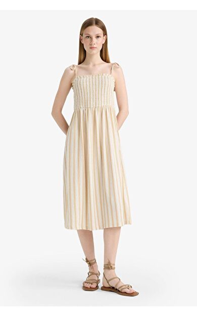Coool Askılı Çizgili Bürümcük Askılı Midi Elbise