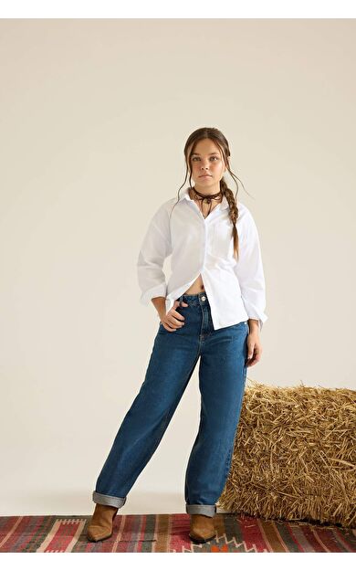 Kız Çocuk Baggy Fit Geniş Paça Jean Pantolon