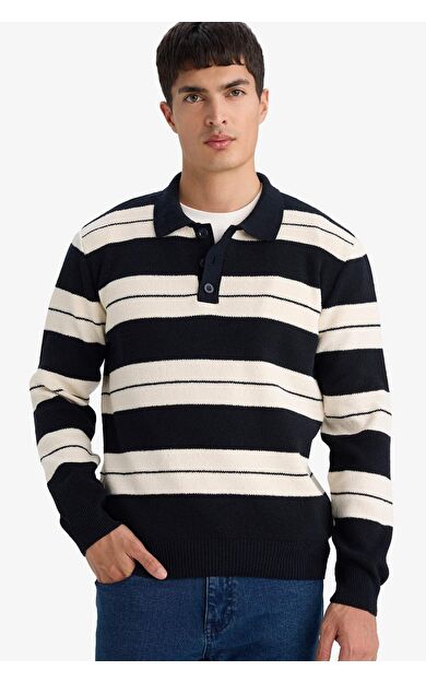 DeFacto Standart Fit Polo Yaka Renk Bloklu Triko Kazak