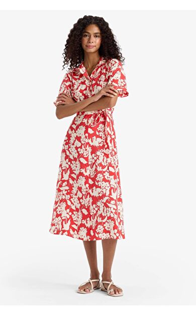 Gömlek Yaka Çiçek Desenli Kuşaklı Modal Kısa Kollu Midi Elbise