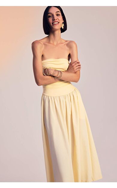 Straplez Poplin Midi Elbise