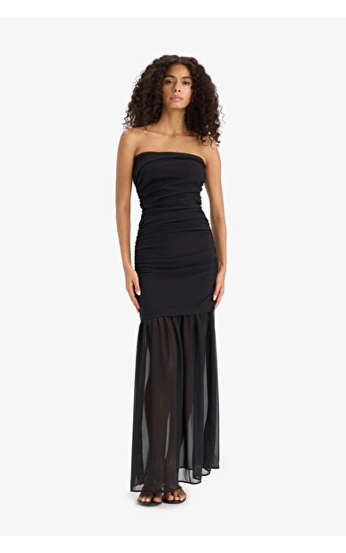 Straplez Şifon Kolsuz Siyah Midi Elbise