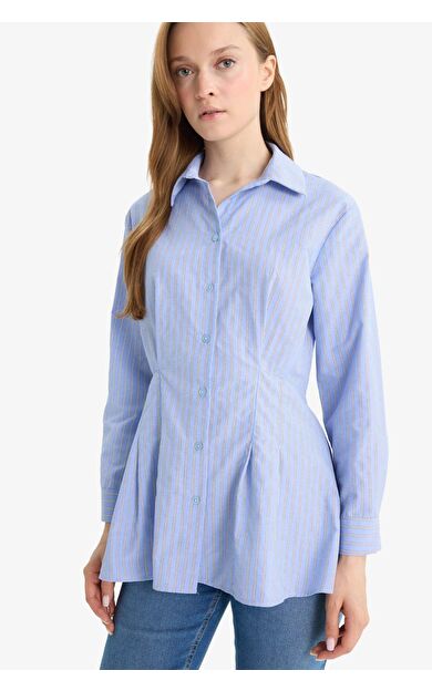 DeFacto Relax Fit Çizgili Poplin Uzun Kollu Gömlek Tunik