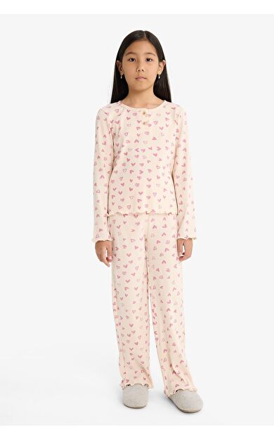 DeFacto Kız Çocuk Pijama Takımı Fitilli Kaşkorse Kalp Desenli Uzun Kollu Üst Uzun Alt