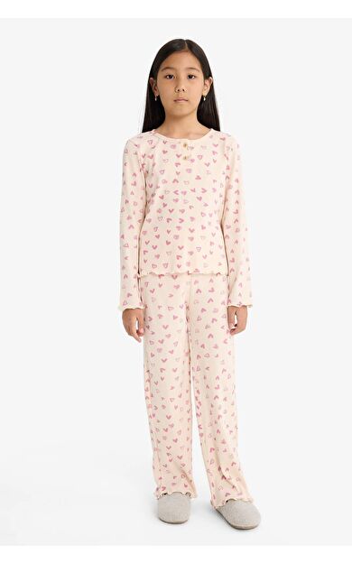 Kız Çocuk Pijama Takımı Fitilli Kaşkorse Kalp Desenli Uzun Kollu Üst Uzun Alt