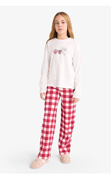 DeFacto Kız Çocuk Pijama Takımı Baskılı Uzun Kollu Üst Kareli Uzun Alt