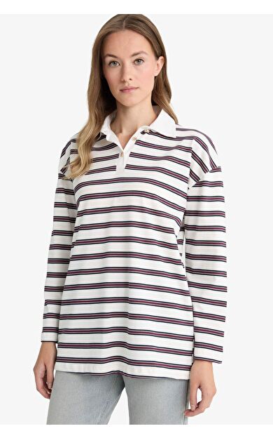 Regular Fit Polo Yaka Çizgili Uzun Kollu Tunik