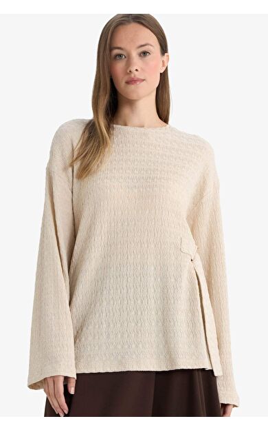 Relax Fit Bisiklet Yaka Bürümcük Uzun Kollu Tişört F7427AX25AUBG186