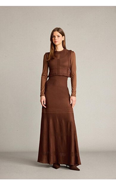 DeFacto 2'li Kroşe Triko Takım Bisiklet Yaka Kolsuz Bluz Esnek Belli Maxi Etek