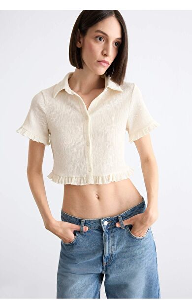 Crop Kısa Kollu Beyaz Gömlek