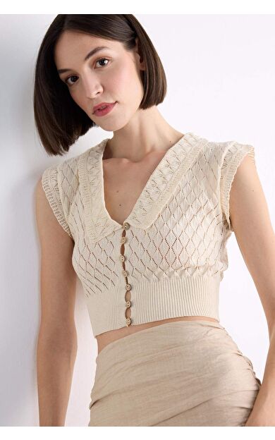 DeFacto Crop Yakalı Düğmeli Kroşe Kısa Kollu Hırka