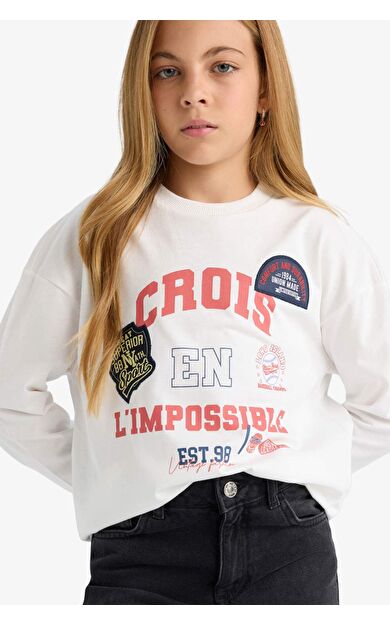 DeFacto Kız Çocuk Okula Dönüş Oversize Geniş Kalıp Bisiklet Yaka Slogan Baskılı Uzun Kollu Tişört