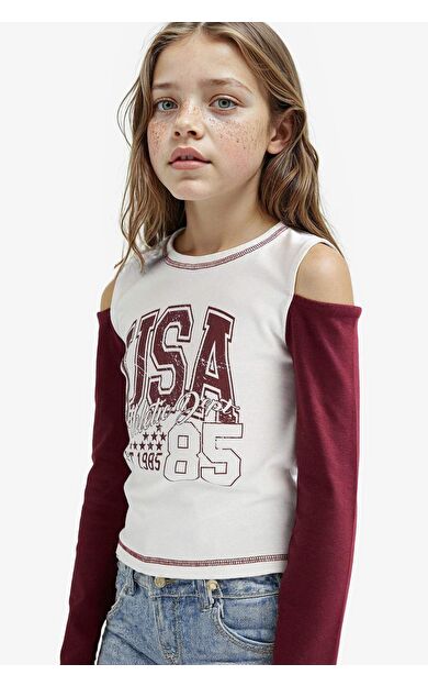 DeFacto Kız Çocuk Okula Dönüş Slim Fit Dar Kesim Bisiklet Yaka Slogan Baskılı Ribana Uzun Kollu Tişört F7582A825AUER105