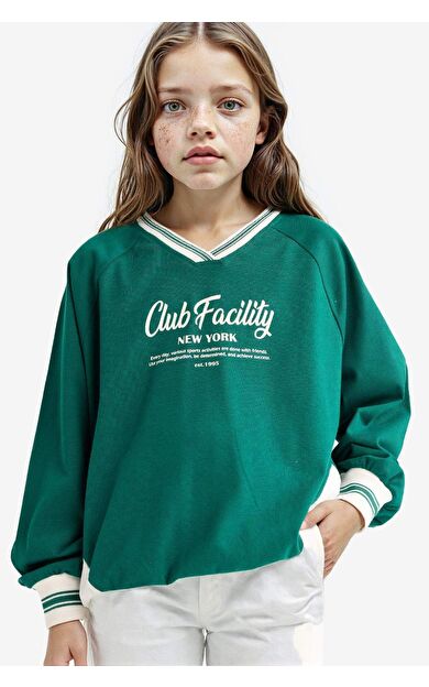 DeFacto Kız Çocuk Okula Dönüş Oversize Geniş Kalıp V Yaka Slogan Baskılı Sweatshirt