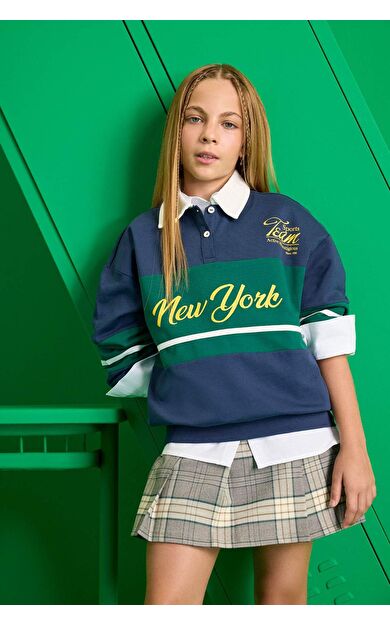 DeFacto Kız Çocuk Okula Dönüş Relax Fit Polo Yaka Slogan Baskılı Sweatshirt Kumaşı Sweatshirt