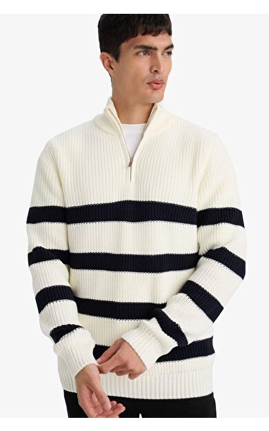 DeFacto Standart Fit Yarım Fermuarlı Çizgili Triko Kazak