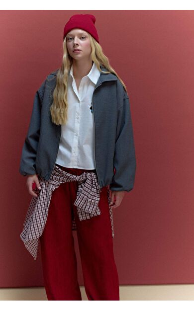 Fermuarlı Cepli Tafta Ceket