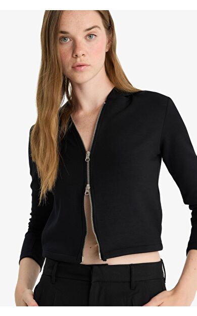 DeFacto Slim Fit Dar Kesim Kapüşonlu Modal Hırka F7651AX25AUBK81