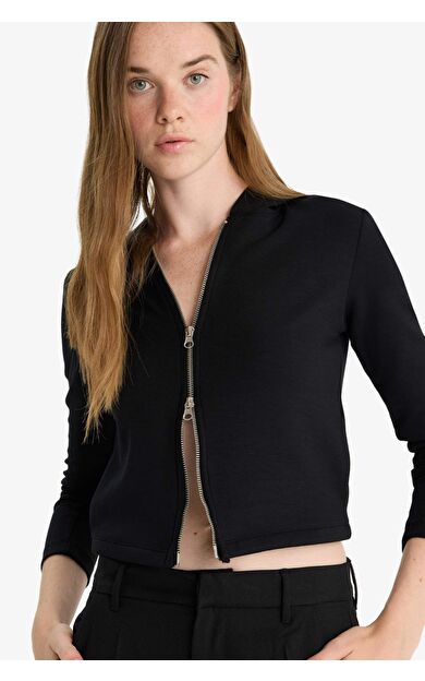 DeFacto Slim Fit Dar Kesim Kapüşonlu Modal Hırka F7651AX25AUBK81
