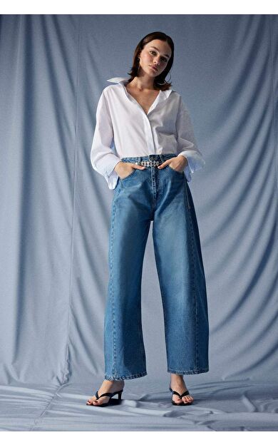 DeFacto Barrel Fit Yüksek Bel Bilek Boy Jean Yıkamalı Pantolon F7652AX25AUNM28