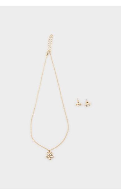 Kadın Çiçek Uçlu Gold 2'li Kolye Küpe Seti