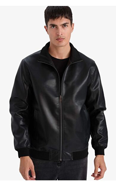 Slım Fıt Dar Kesim Dik Yaka Astarlı Fermuarlı Suni Deri Mont